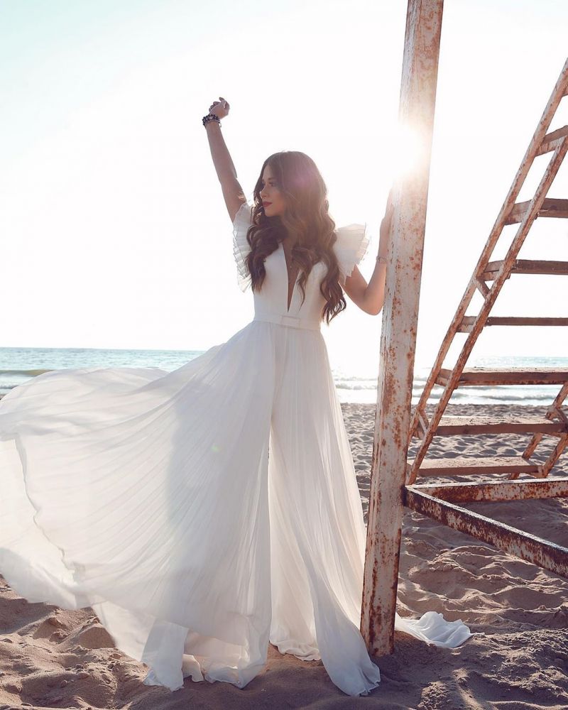 White Chiffon Ruffless Sleeves V neck Summer Beach Wedding Dress