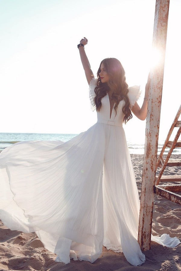 White Chiffon Ruffless Sleeves V neck Summer Beach Wedding Dress