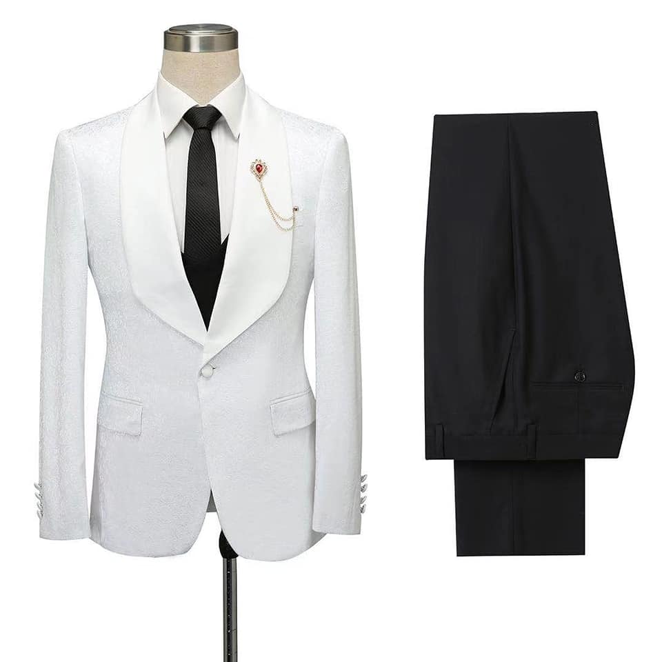 White Jacquard Slim Fit Shawl Lapel Wedding Suits