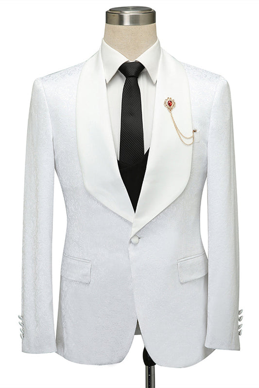 White Jacquard Slim Fit Shawl Lapel Wedding Suits