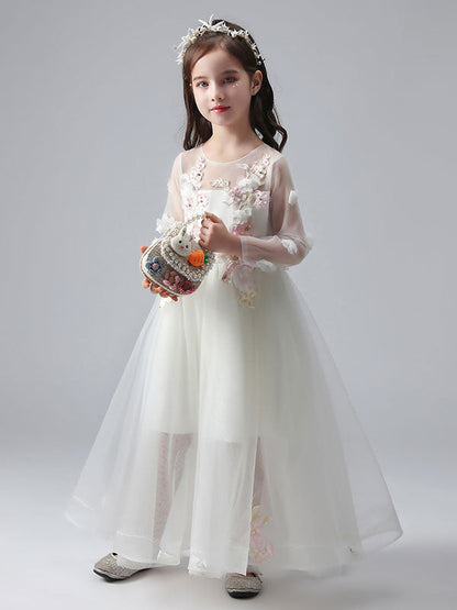 White Jewel Neck Long Sleeves Ankle-Length Princess Dress Tulle Flowers Beaded Embroidered Formal Kids Pageant flower girl dresses