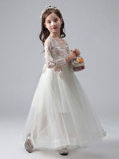 White Jewel Neck Long Sleeves Ankle-Length Princess Dress Tulle Flowers Beaded Embroidered Formal Kids Pageant flower girl dresses