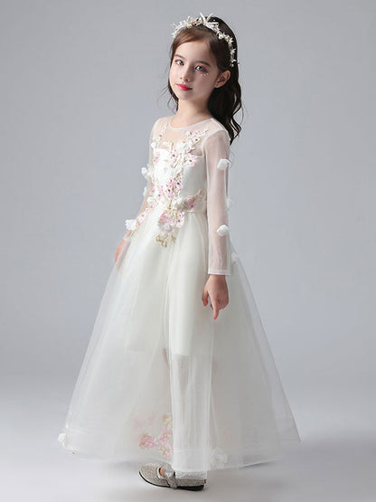 White Jewel Neck Long Sleeves Ankle-Length Princess Dress Tulle Flowers Beaded Embroidered Formal Kids Pageant flower girl dresses