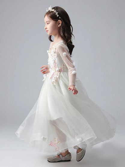 White Jewel Neck Long Sleeves Ankle-Length Princess Dress Tulle Flowers Beaded Embroidered Formal Kids Pageant flower girl dresses