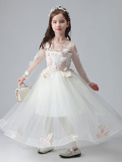 White Jewel Neck Long Sleeves Ankle-Length Princess Dress Tulle Flowers Beaded Embroidered Formal Kids Pageant flower girl dresses