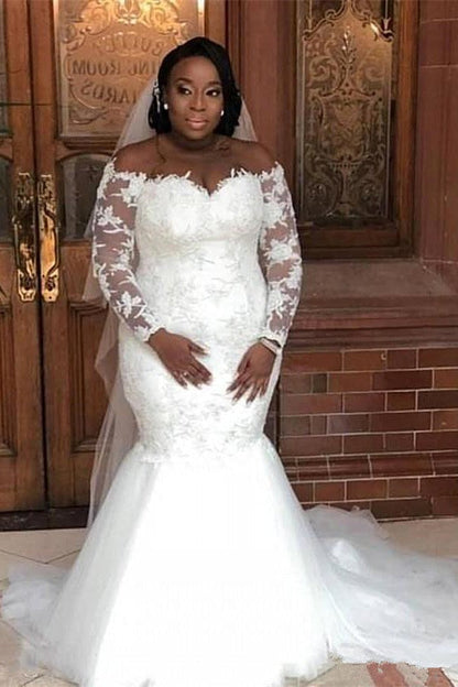 White Long Sleeves Off the shoulder Mermaid Lace Wedding Dresses