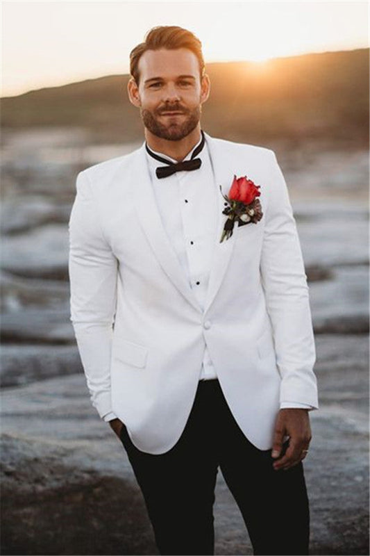 White Mens Wedding Suits Groom Tuxedos Vintage Two Pieces Slim Fit Groomsmen Wear