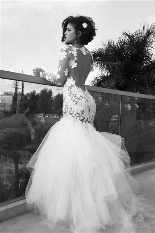 White Modern Mermaid Tulle Long Bridal Gown Long Sleeves Backless Floor Length Wedding Dress