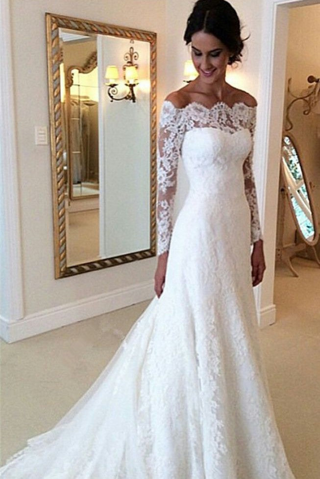 White Off the shoulder Lace Long Sleeves Bridal Gowns Sheath Simple Custom Made Wedding Dresses