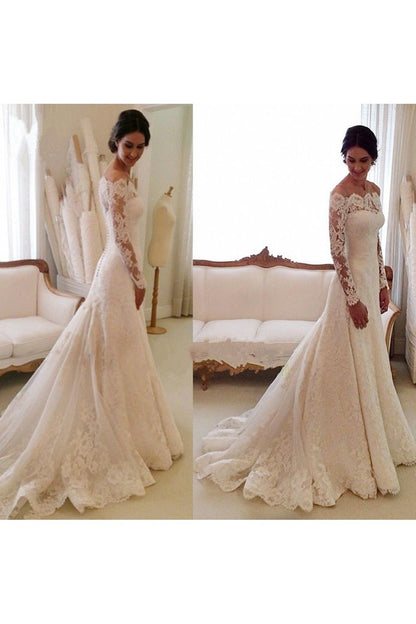 White Off the shoulder Lace Long Sleeves Bridal Gowns Sheath Simple Custom Made Wedding Dresses