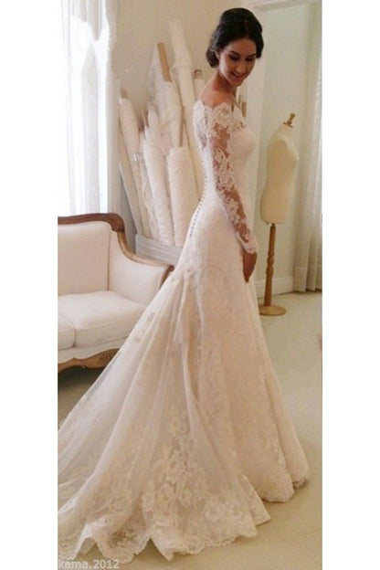 White Off the shoulder Lace Long Sleeves Bridal Gowns Sheath Simple Custom Made Wedding Dresses