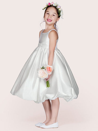 White Satin Fabric Jewel Neck Sleeveless Beaded Formal Kids Pageant flower girl dresses