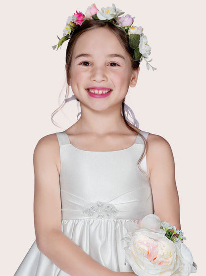 White Satin Fabric Jewel Neck Sleeveless Beaded Formal Kids Pageant flower girl dresses