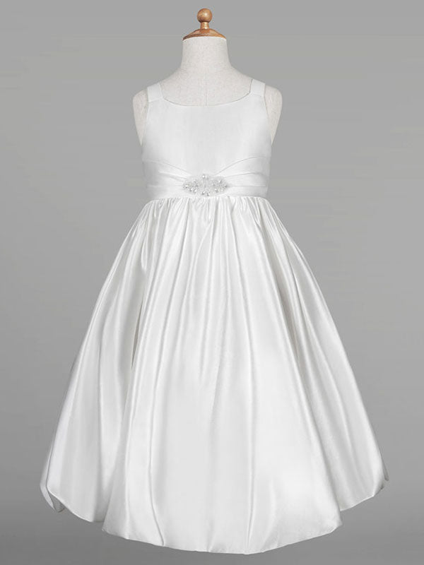 White Satin Fabric Jewel Neck Sleeveless Beaded Formal Kids Pageant flower girl dresses