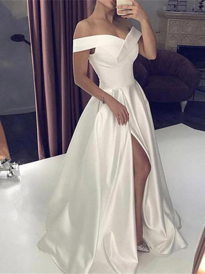 White Silky Off the shoulder High split Princess Wedding Dress