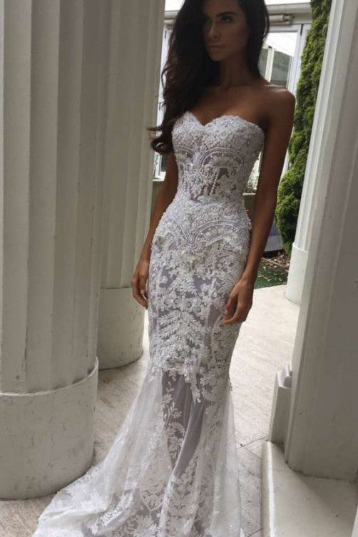 White Sweetheart Neck Sheer Lace Appliques Mermaid Wedding Dresses