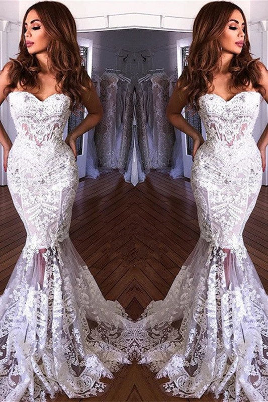 White Sweetheart Neck Sheer Lace Appliques Mermaid Wedding Dresses