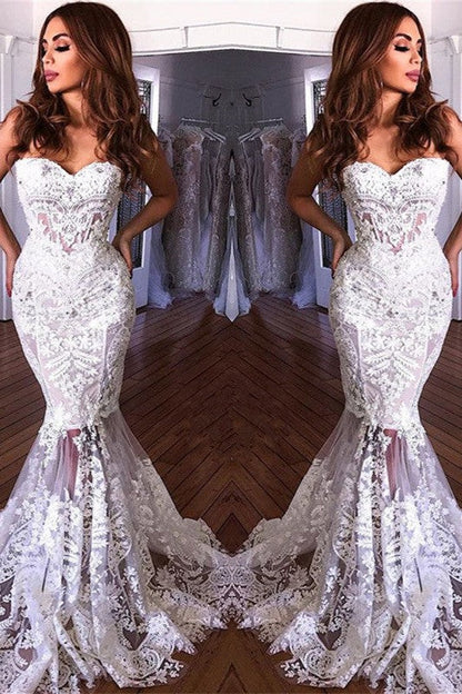 White Sweetheart Neck Sheer Lace Appliques Mermaid Wedding Dresses