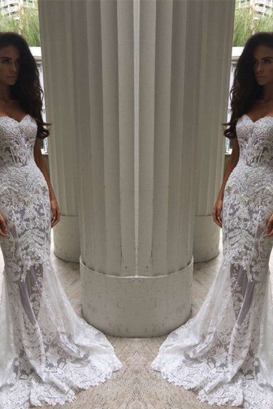 White Sweetheart Neck Sheer Lace Appliques Mermaid Wedding Dresses