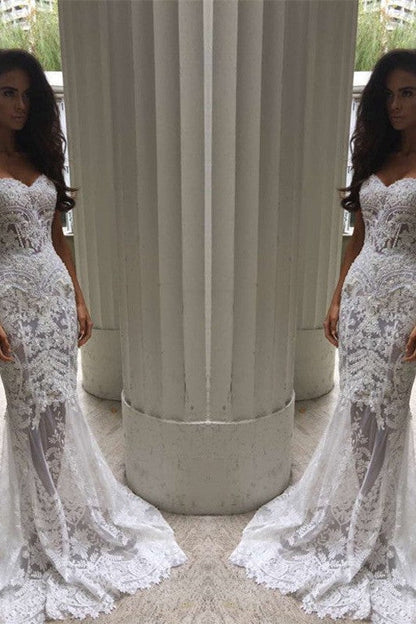 White Sweetheart Neck Sheer Lace Appliques Mermaid Wedding Dresses