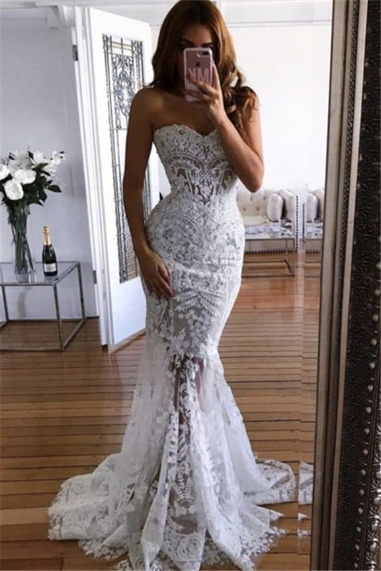 White Sweetheart Neck Sheer Lace Appliques Mermaid Wedding Dresses