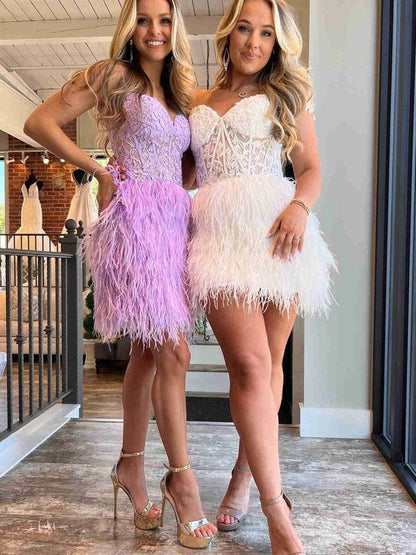 LTP1751,Sweetheart Feather Skirt Lavender Tight Homecoming Dress, Short Prom Dresses