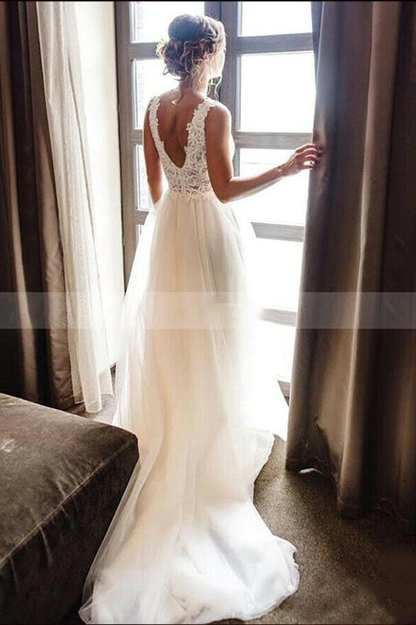 White/Ivory V Neck Lace Tulle Bridal Dress Aline Beach Wedding Dress