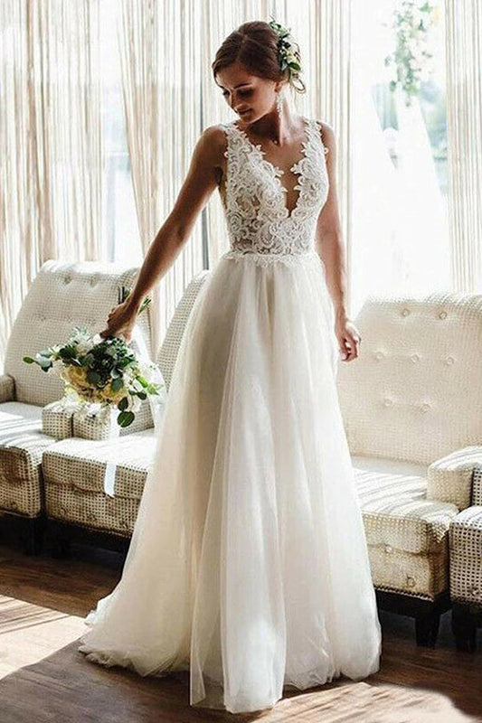 White/Ivory V Neck Lace Tulle Bridal Dress Aline Beach Wedding Dress