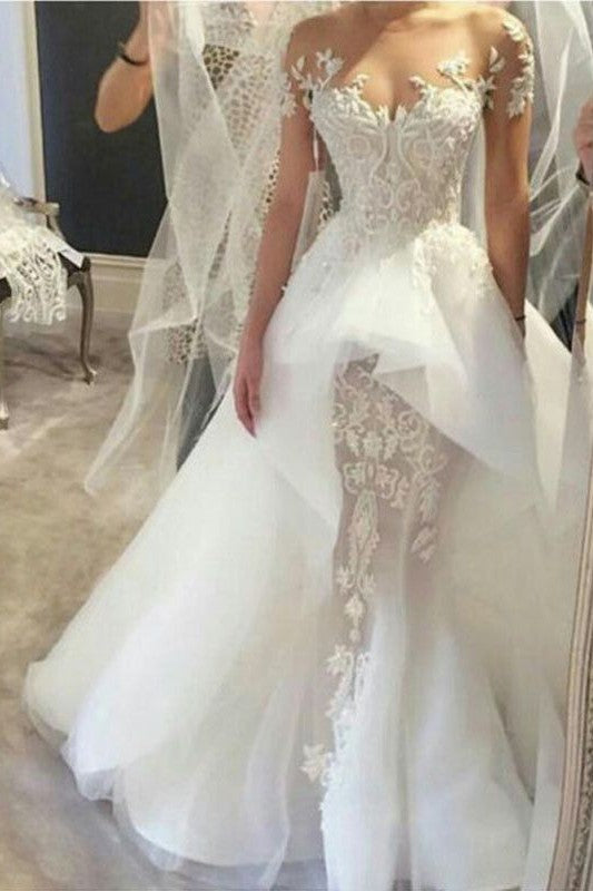 Wholesale Fit and Flare Tulle Lace Wedding Dresses Short Sleeves Court Train Bridal Gown