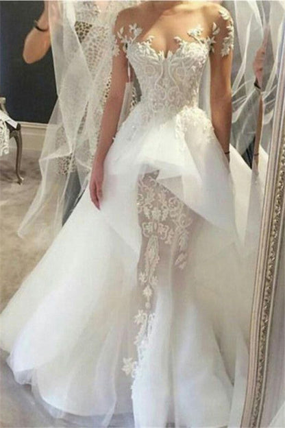 Wholesale Fit and Flare Tulle Lace Wedding Dresses Short Sleeves Court Train Bridal Gown