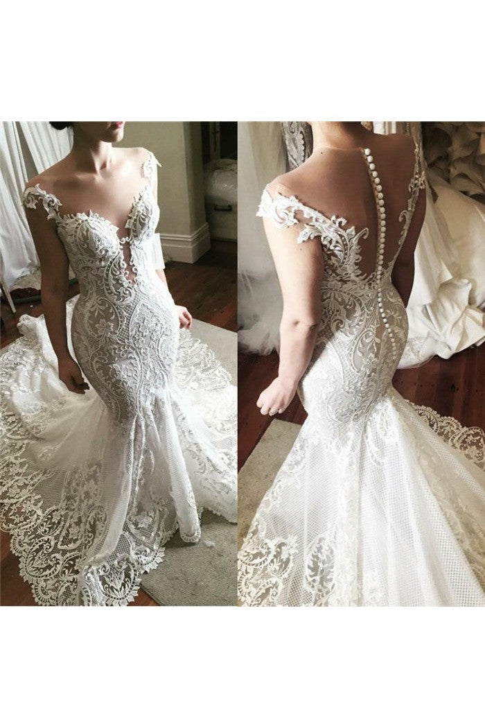 Wholesale Lace Fit and Flare Wedding Dress Glamorous Sheer Tulle Bridal Gowns with Buttons