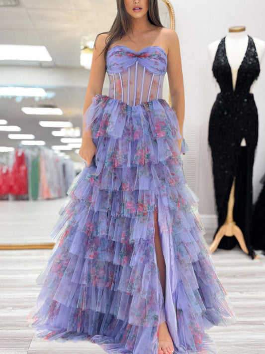 Wilda | Purple Strapless A Line Tulle Printed Ruffle Tiered Prom Dresses With Slit