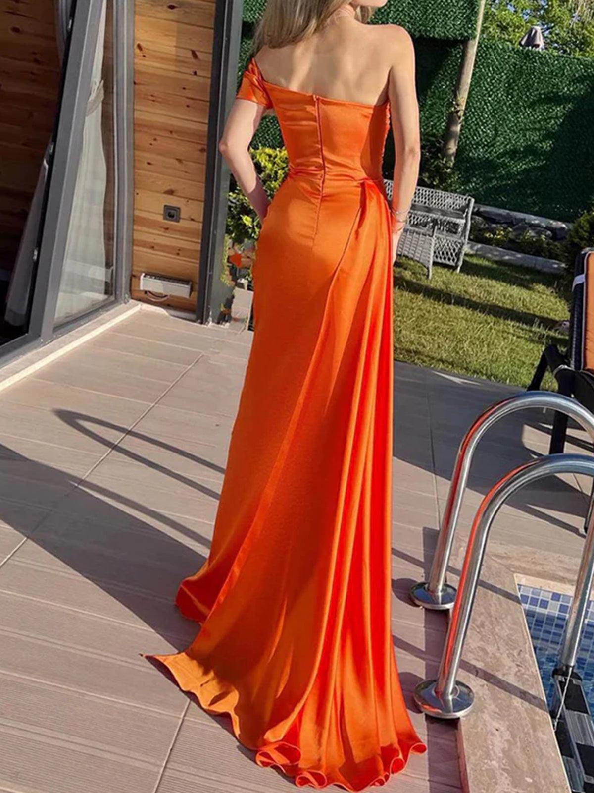 Winston | Orange Mermaid Pleated Satin Empire-Waist Long Prom Dress