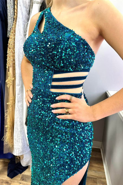 Xaviera | One-Shoulder Turquoise Sequin Keyhole Long Prom Dress with Slit