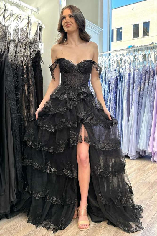 Yaiiua | Black Off the Shoulder Lace Appliques Tiered Prom Dress with Slit