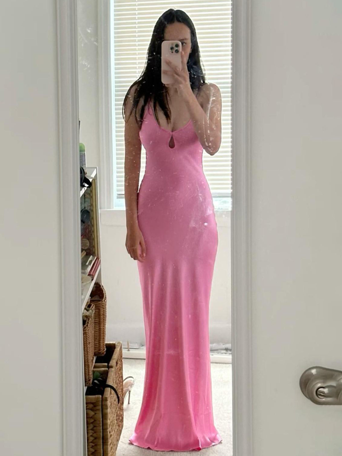 Yamileth | Scoop Neck Pink Sheath Satin Long Prom Dress