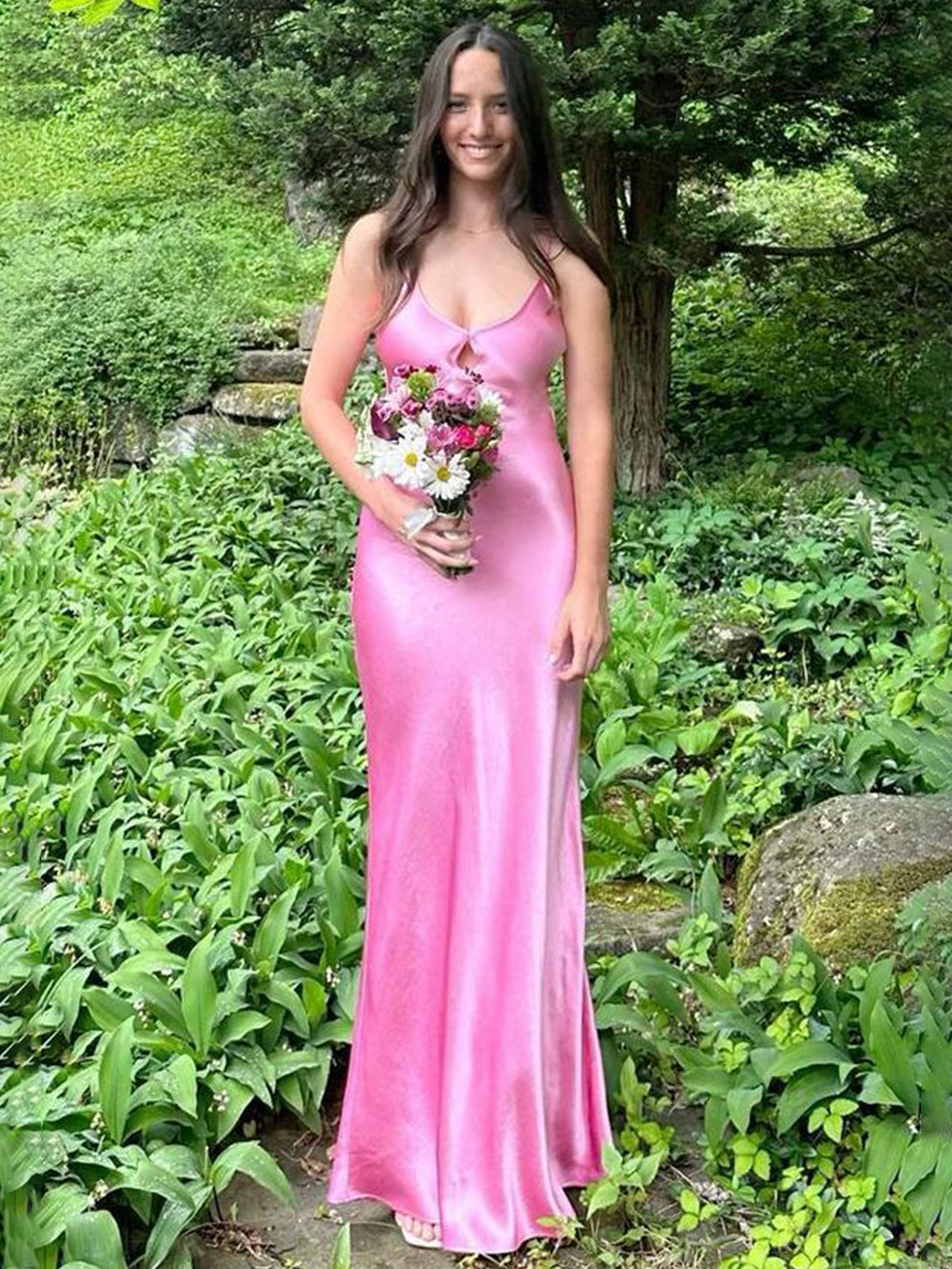 Yamileth | Scoop Neck Pink Sheath Satin Long Prom Dress