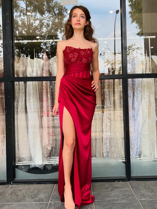 Yana | Burgundy Strapless Satin Mermaid Prom Dress With Appliques