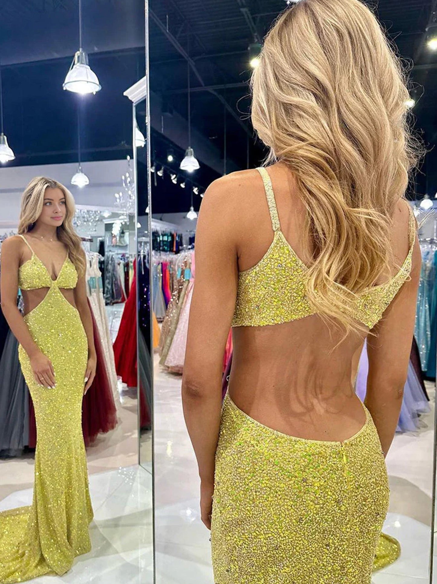 Terri | Mustard Green Sequins Deep V Neck Cutout Long Prom Dresses