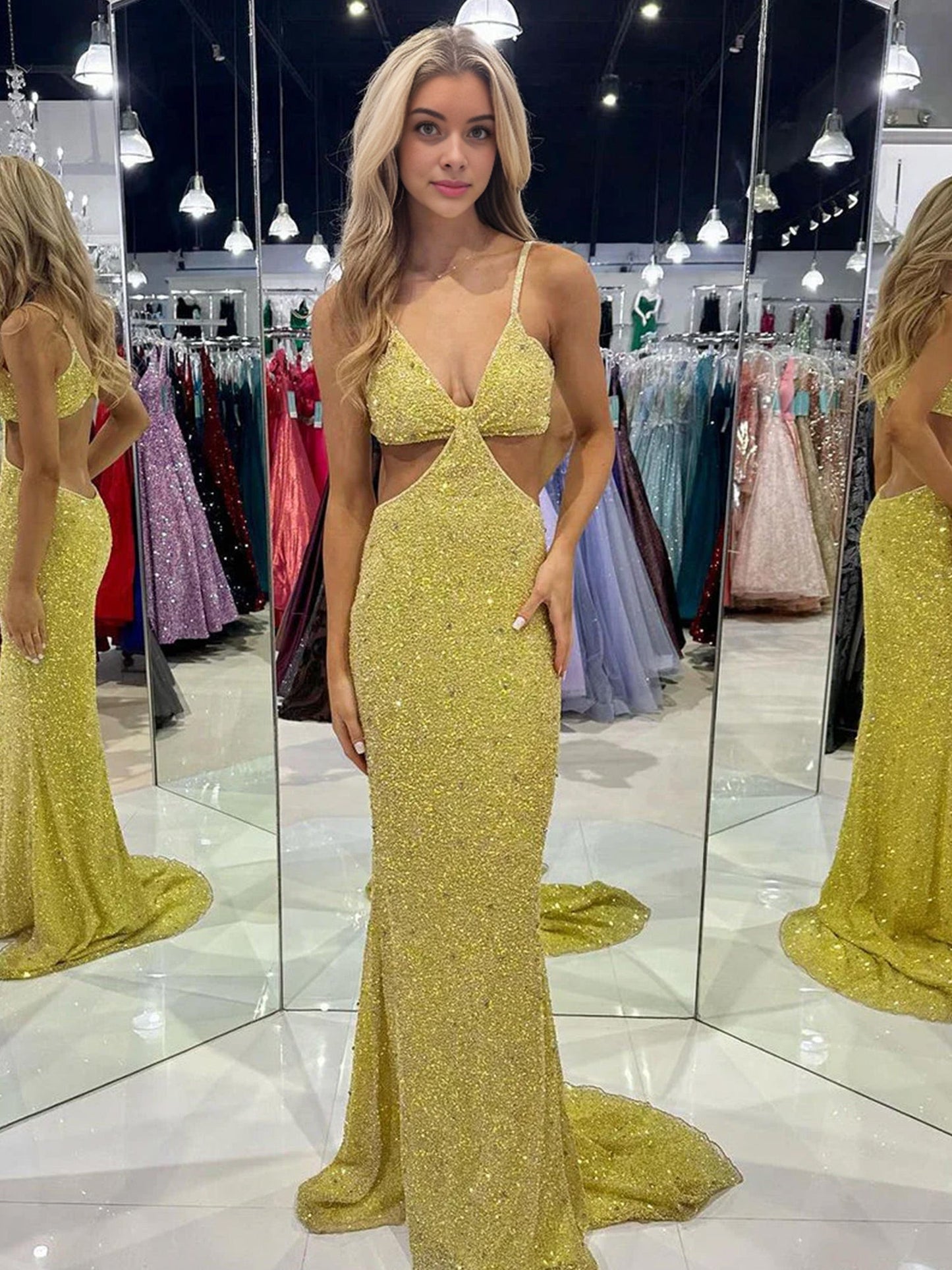 Terri | Mustard Green Sequins Deep V Neck Cutout Long Prom Dresses