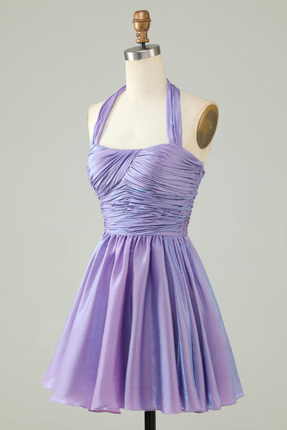 Purple Halter Open Back Sleeveless A Line Homecoming Dress