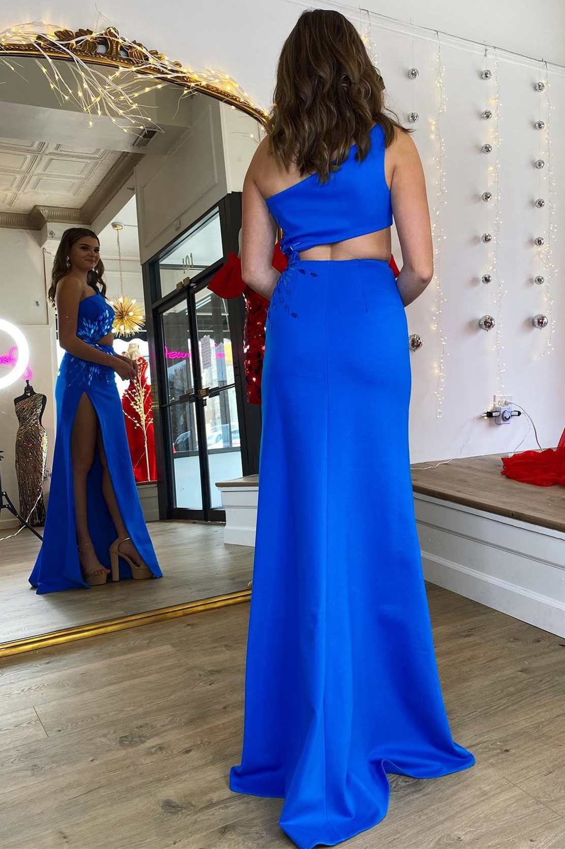 Yonderly | One Shoulder Royal Blue Cut Glass Mirror Long Prom Dress with Slit