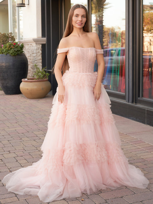 Zariah | Blush Princess A line Off Shoulder Ruffled Tulle Prom Dress