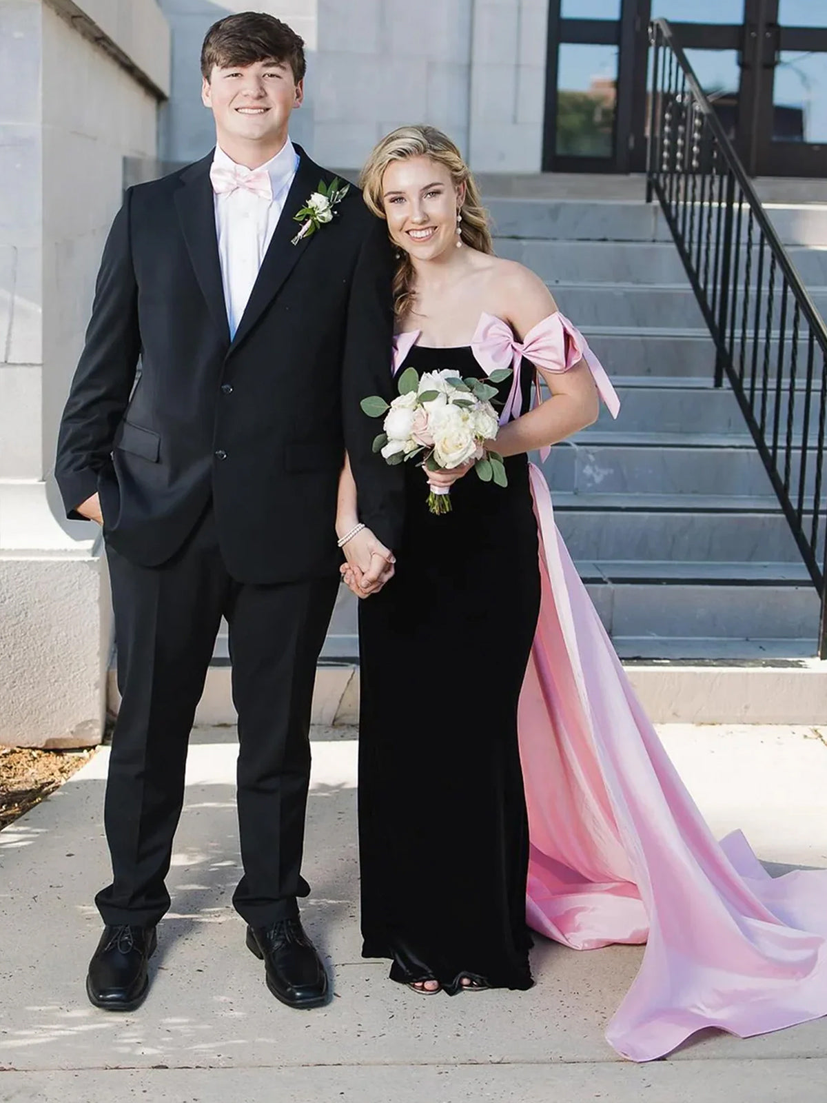 Zia | Off the Shoulder Pink Mermaid Long Velvet Prom Dress with Bows