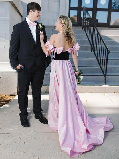 Zia | Off the Shoulder Pink Mermaid Long Velvet Prom Dress with Bows