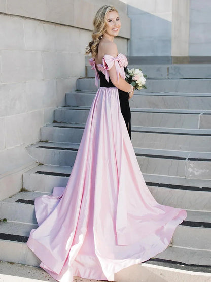 Zia | Off the Shoulder Pink Mermaid Long Velvet Prom Dress with Bows