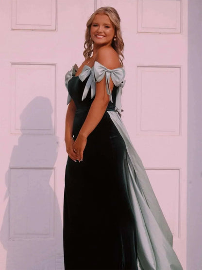 Zia | Off the Shoulder Pink Mermaid Long Velvet Prom Dress with Bows