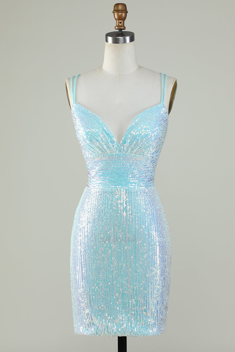 Bling Sheath Spaghetti Straps Light Blue Sequins Short Homecoming Dress with Criss Cross Back