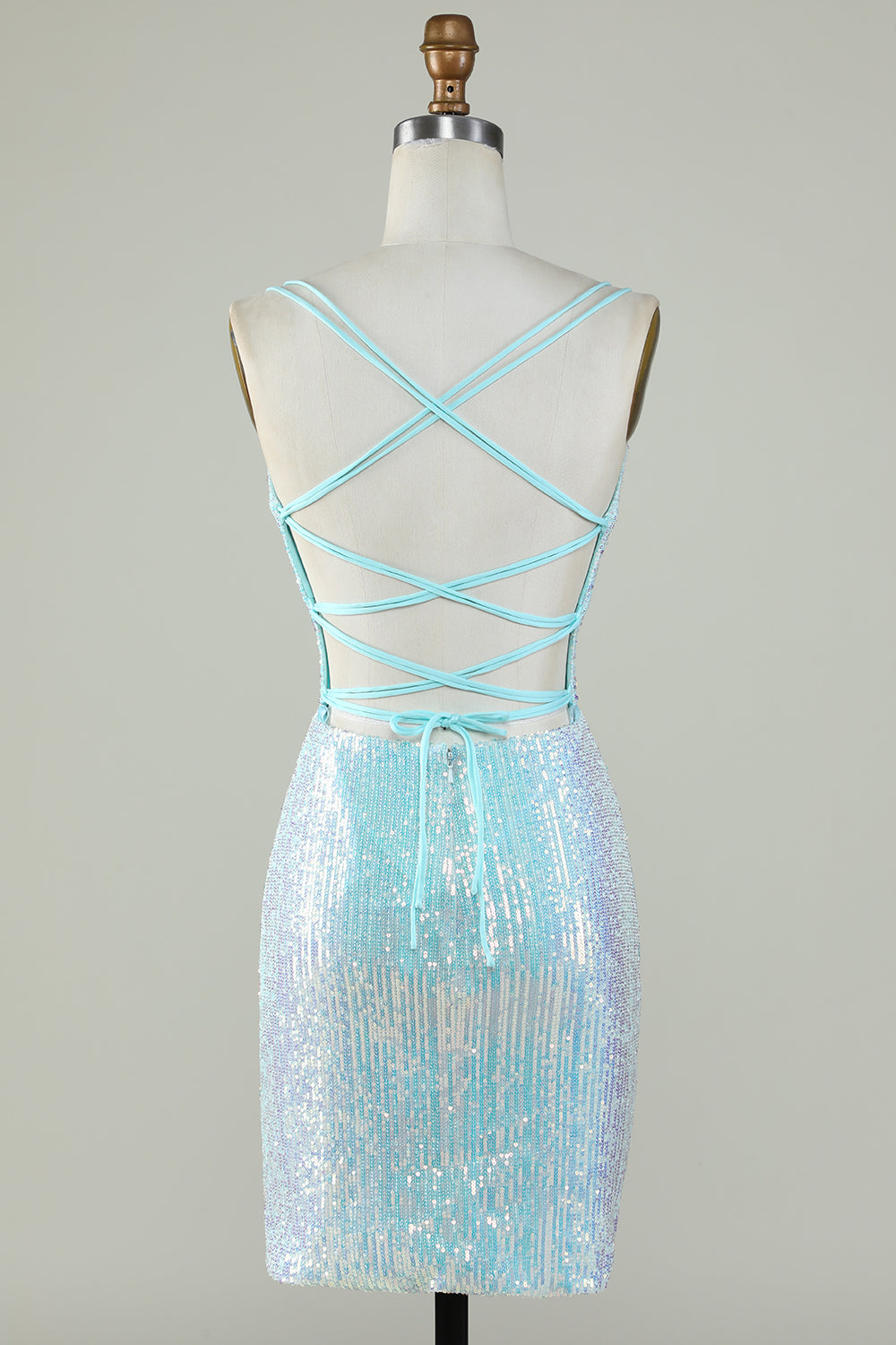 Bling Sheath Spaghetti Straps Light Blue Sequins Short Homecoming Dress with Criss Cross Back