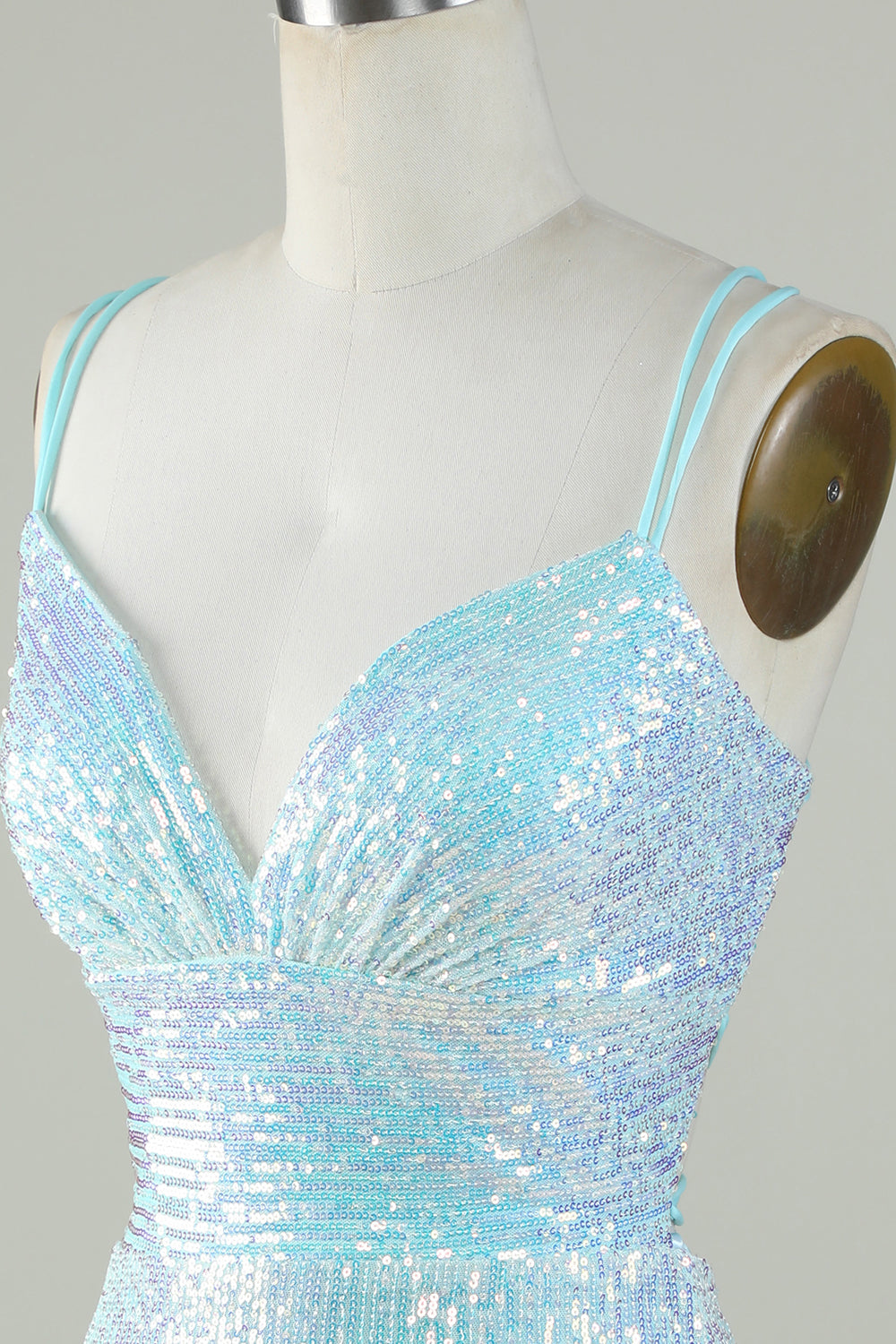 Bling Sheath Spaghetti Straps Light Blue Sequins Short Homecoming Dress with Criss Cross Back